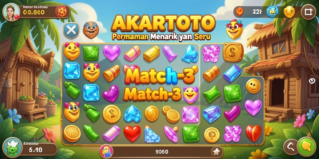 Screenshot gameplay utama AKARTOTO menampilkan elemen Match-3 yang seru.
