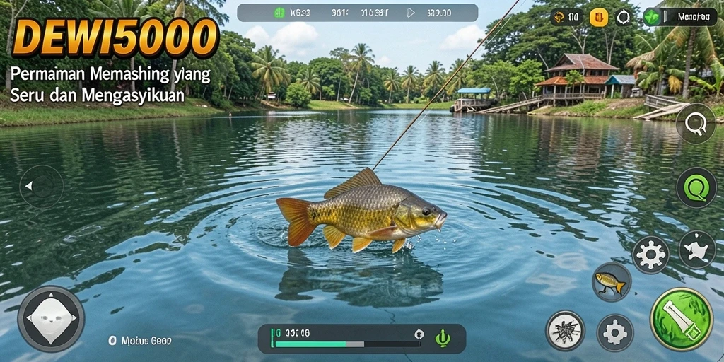 Screenshot gameplay DEWI5000 menampilkan aksi memancing yang seru.