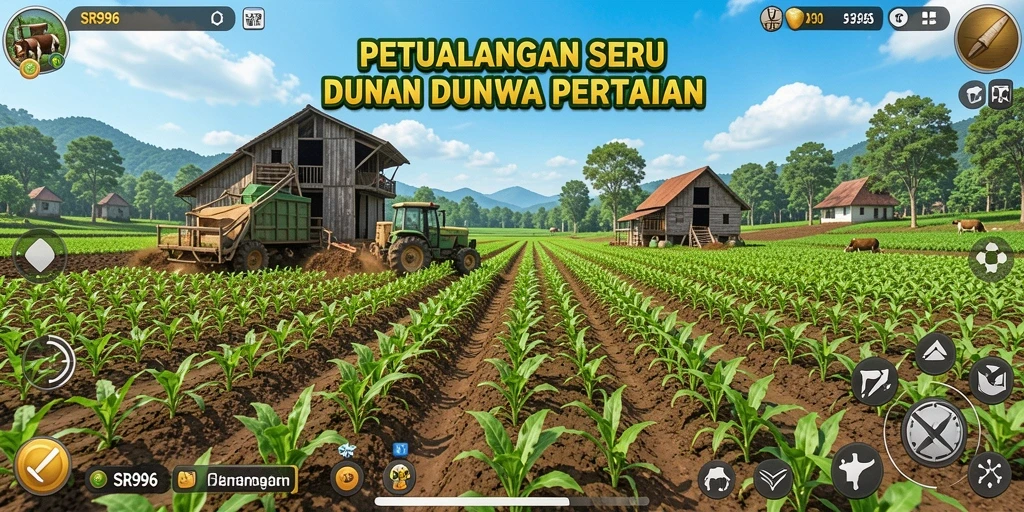 Tangkapan layar gameplay SR996 menampilkan pertanian yang subur dan berwarna-warni.